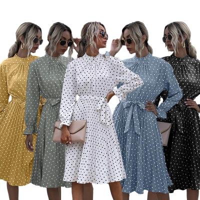 China Anti-Static Spring Long Ruffle Sleeve Around Neck High Waist Casual Pleated Polka Dot Midi Dresses Women for sale