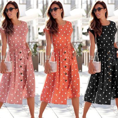 China Women Short O-Neck Polka Dot Button Midi Dress With Belt Anti-wrinkle Sleeves One Line Casual Outfits for sale