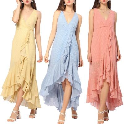 China Irregular Ruffle Backless Maxi Casual Dresses Women Summer Peplum V-Neck Polka Dot Sleeveless Deep Beach Polka Dot Anti-Static for sale