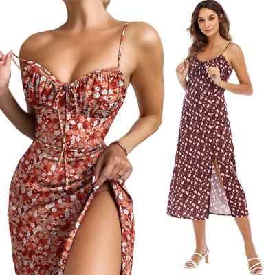 China Summer Anti-Static Sleeveless Backless Tube Dress Women Floral Print Midi Casual Slip Dress With Slit for sale