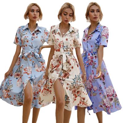 China Polo Collar Short Sleeve Anti-Static Button Down Summer Print Dress Women Midi Shirt Casual Dress for sale