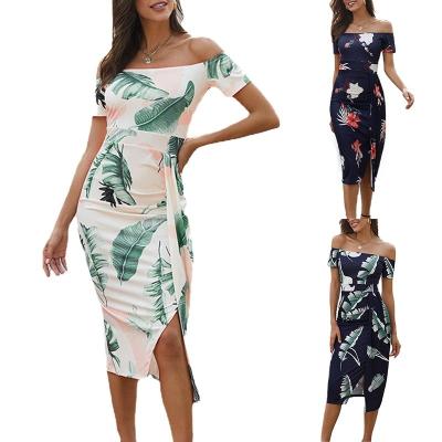 China Anti-Static Summer Short Sleeve One Off Shoulder Backless Print Midi Dresses Casual Split Women for sale