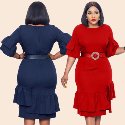 China Solid Color Short Sleeve Summer Anti-Static Dress Belts Women Ruffle Midi Irregular Casual Dress for sale