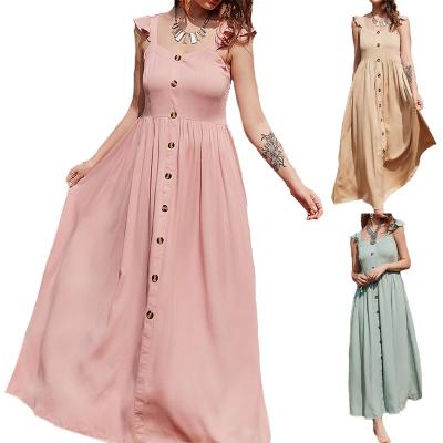 China Bohemian Maxi Casual Dresses Women Summer Beach Ruffle Backless Square Sleeveless Anti-Static Button Neck for sale