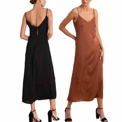 China Satin Backless Sleeveless Maxi Casual Slip Dresses Women Summer Solid Color Anti-Static V-Neckline Hollowed Out for sale