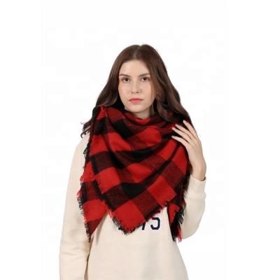 China Vintage Cashmere Plaid Winter Cashmere Cape Classic Red Soft Triangle Tassel Handmade Knitted Women Scarf for sale