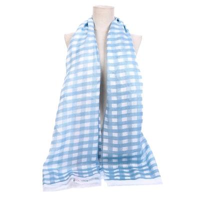 China Popular lake blue striped plaid printed luxury brand design scarf women satin silk ladies scarf for sale