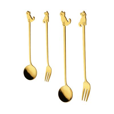 China Sustainable Cute Cat Cartoon Tea Spoon Set and Fruit Cake Fork Set Stainless Steel Coffee Spoon for sale