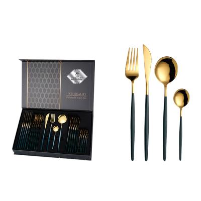 China Sustainable Metal Spoon Fork Sets Stainless Steel 24pcs Flatware Gold Cutlery Set with Box for sale