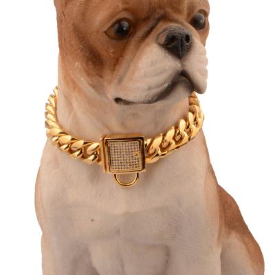 China Drop Shipping 2022 Popular Gold JEWELED Stainless Steel Collar Products Pet Cuban Link Chain Dog Collar Pet Supplies For Cat Pet Collar for sale