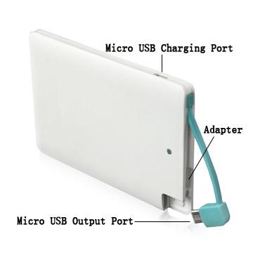 China Outdoor Multifunction Portable 2500mAh Slim Card Power Bank With Built-in Cable for sale