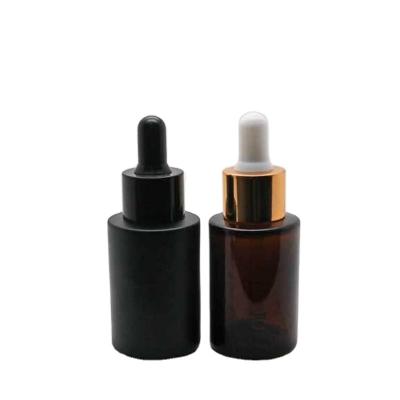 China Black Brown Glass Liquid Bottle 30ml Flat Shoulder Base 1oz Cosmetic Dropper Bottle for sale