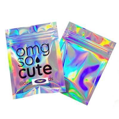 China Custom Holographic Moisture Proof Zipper Smell Resistant Mylar Pouch Rainbow Front Metallic Hologram Foil Heat Sealed Clear Bags for sale