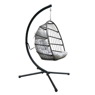 China Modern Patio Egg Hanging Chair with Stand, Outdoor Garden Furniture Wicker Rattan Swing Chair Hammock Chair with Cushion for sale