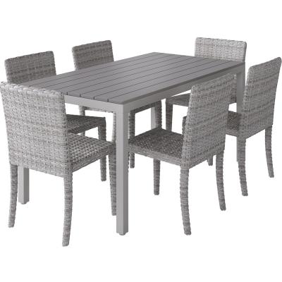 China Lightweight Portable Stackable Patio 7 Piece Aluminum Dining Set, Faux Wood Outdoor Table, Outdoor Wicker Rattan Garden Furniture Sofa Chair Set for sale