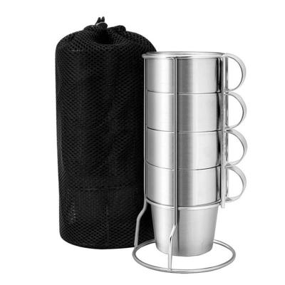 China 4pcs Stainless Steel Cups Wine Beer Coffee Mug Whiskey Mugs Double-Layer With Stand And Mesh Bag Set Outdoor Travel Cup for sale