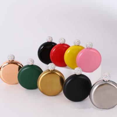 China 304 Stainless Steel Mini Hip Flask Wine Colored Round Metal Ladies Jug Portable Kettle Crystal Cover for sale