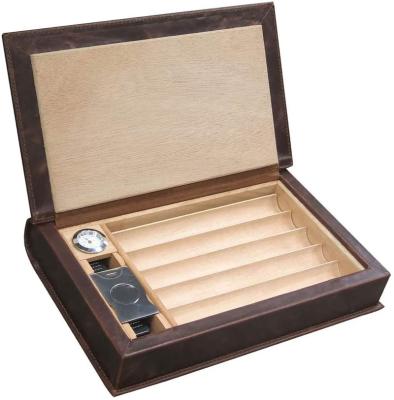 China American Wholesale Leather Humidor Case Black Travel Cigar Shape Book Style Portable Cigar Box with Cedar Wood for sale