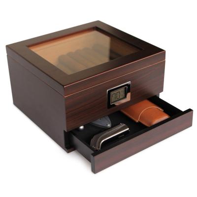 China American Style Humidor Glass Top Handcrafted Cedar with Front Digital Hygrometer Hydro System and Accessory Drawer Holds 25-50 Cigars for sale