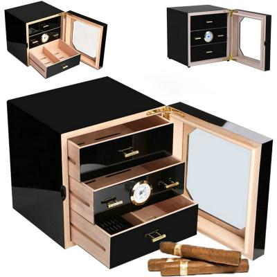 China CLASSIC 100pcs Cigars Tempered Glass Humidor Cigar Cabinet Box with Front Hygrometer and Spanish Cedar Wood Cigar Humidor. for sale