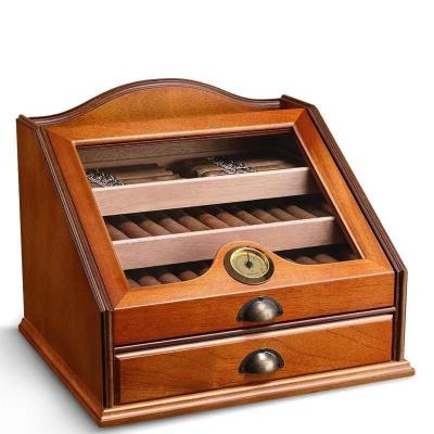 China CLASSIC In-Stock Wholesale Customize Retro Logo Cigar Humidor Glass Top Cabinet With Cedar Wood Hold About 100 Cigars for sale