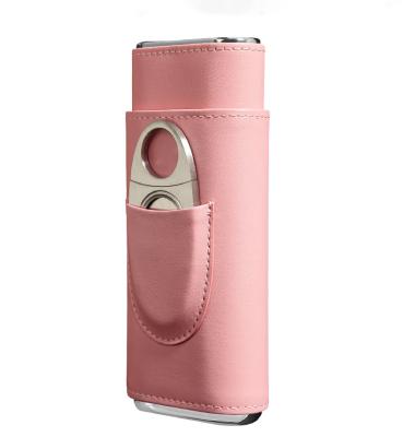 China Wholesale Extreme Rich CLASSIC Cigar Case With Stainless Steel Cutter Silver Pink Color Leather 3 Finger Cigar Holder For Women for sale