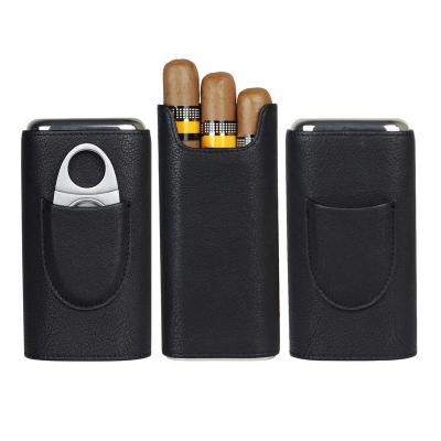 China CLASSIC hot sale manufacturer Custom Luxury Leather cigar case with cutter set for black 3cigars for sale