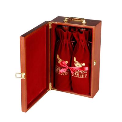 China Logo Wholesale Red Wine Custom Made Double Bottles Wooden Storage Bottle Carrying Case With 2 Handle Wine Bottles Wooden Gift Box for sale