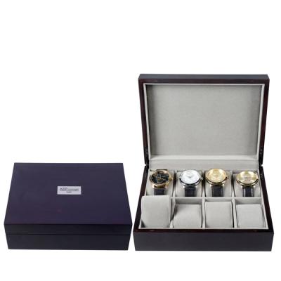 China Handmade Men Black 8 Slots Wholesale Custom Wooden Storage Box Factory Luxury Wrist Watch Packaging Display Lacquer Box for sale