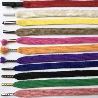 China 1cm Viable Colorful Polyester Cotton Flat Braided Hoodie Cord Ropes Shoe Lace Cord Rope With Metal Tips for sale