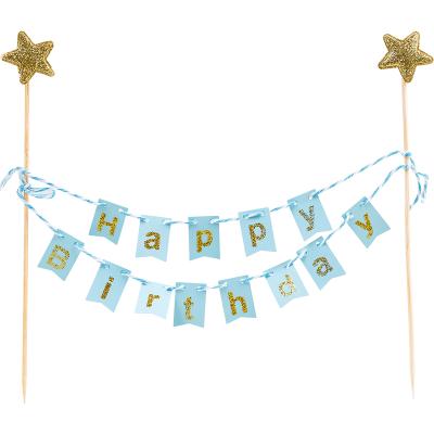 China Handmade Paper and Bamboo Cheesecloth Garland Pennant Flags S00965 Mini Happy Birthday Banner Cake Topper Stick Party Cake Decoration Supplies for sale