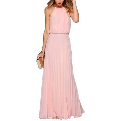 China Best Selling Lady's Long Dry Cleaning Dress Halter Neck Solid Chiffon Sleeveless Party Maxi Dress Floor Length Elegant for sale