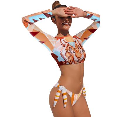 China 2021 XIUYU New Leopard Print Breathable Bikini Women's Swimsuit Long Sleeve Split Sun Protection Straps for sale