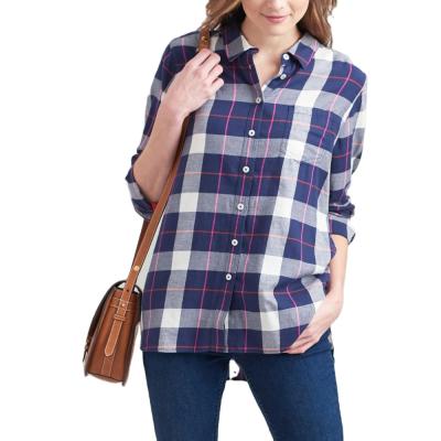 China Sustainable Wholesale 100% Cotton Women Loose Fit Long Sleeves Plaid Blouse Women Shirts for sale