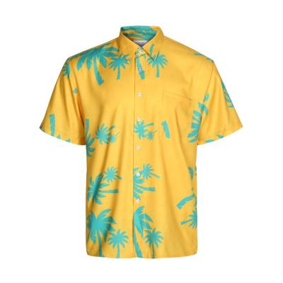 China Breathable Leaves Printing 100% Polyester Custom PRINT Flip Up Hawaiian Beach Shirt for sale