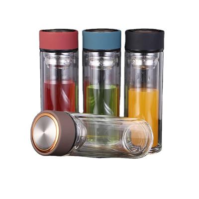 China Sustainable Wholesale Custom 300ml Double Wall With Tea Filter Glass Water Bottle for sale