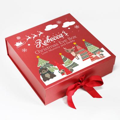 China Recycled Materials Packaging Boxes Custom Hard Red Rigid Christmas Gift Boxes Luxury Packaging Cardboard Wrapping Paper With Fixed Ribbon 3-5 Days OEM for sale