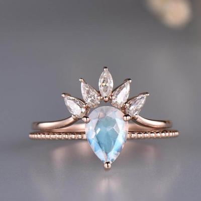 China Tear Drop Moonstone Ring New Style 14K Gold Plated 925 Sterling Silver Teardrop Moonstone Ring Double Moonstone Ring for sale