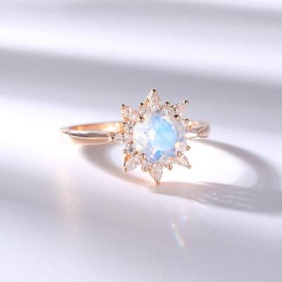 China Flower Sterling Zircon Ring New Design Flower 925 Sterling Zircon Ring Round Moonstone Ring Natural Moonstone Jewelry for sale