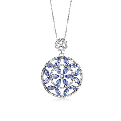 China Natural Tanzanite Large Circle Pendant Elegant Flower Pattern 925 Marquise Tanzanite Diamond Pendant Necklace Silver for sale