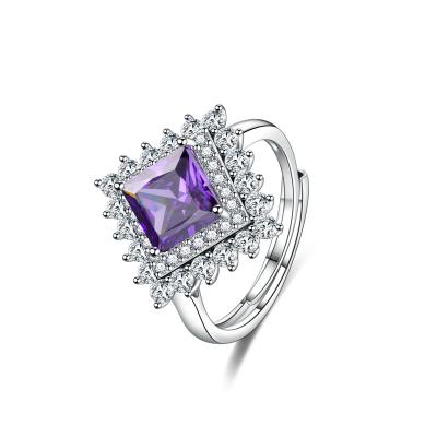 China Ring Hot Selling Sterling Silver genuine purple amethyst square amethyst and square zircon halo ring for sale