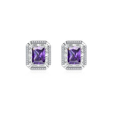 China Sterling Silver Amethyst Earrings Rectangular Natural Amethyst Earrings Rectangular Simple Style Amethyst Halo Earrings for sale