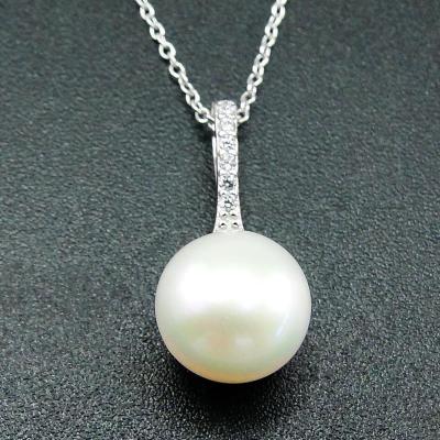 China Wholesale CZ Cubic Zirconia Sterling Silver Pearl Necklace White Pearl Necklace Round Drop Around Freshwater Pearl Necklace for sale