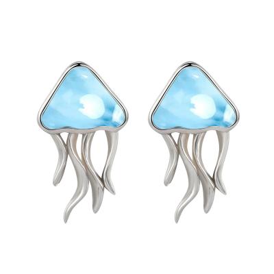 China Jellyfish Larimar Earrings Sea Life Pattern Stering Jellyfish White Gold Silver Color Gems Jellyfish Blue Stone Natural Larimar Earrings for sale