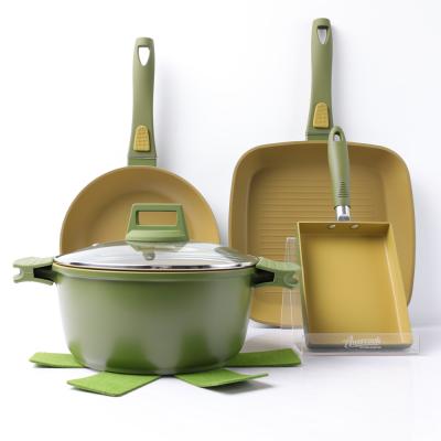 China Amercook Green Sustainable Pots For Kitchenware Cookware Set Panci Non-Stick Forged Aluminum Cookware Sets for sale