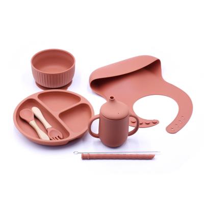 China 6 PCS/Set Sustainable Baby Silicone Soft Sucker Bowl Dish Cup Bibs Spoon Fork Sets Non-Slip Tableware Kids Feeding Dishes BPA Free for sale