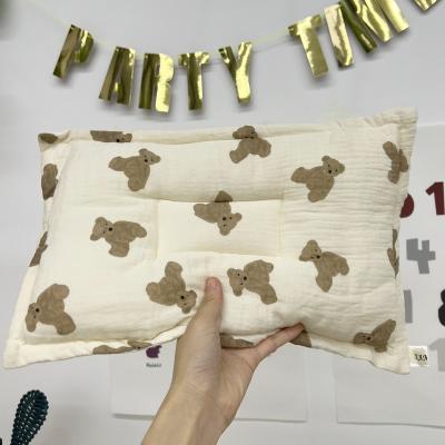 China PORTABLE 100% Breathable Brown Teddy Bear Printing Head Protection Muslin Cotton Baby Pillow for sale