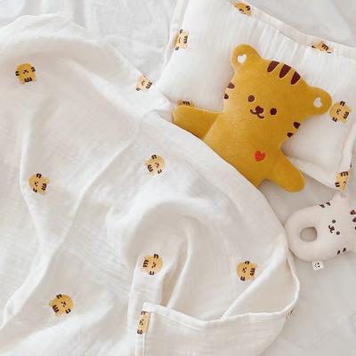 China Cute Muslin Folded Ins Blankets Brown Teddy Bear Dinosaur Tiger Baby Wraps with Cotton Embroidery Newborns Infant Baby Bedding for sale