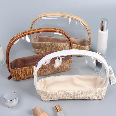 China Summer Hot Selling Clear Leather Cosmetic Beach Bag Vegan Zipper Travel Fashion Transparent PVC Straw Transparent Makeup Bags for sale