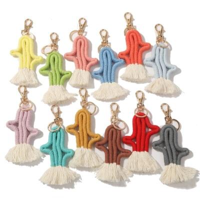 China Fashion Bohemian Tassel Plant Handmade Vintage Cotton Cactus Shape Colorful Rope Woven Key Chain For Women for sale